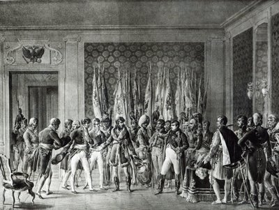 Napoleon gives the flags won at Austerlitz in 1805 to the Mayors of Paris visiting him at Schonbrunn by L. Marin